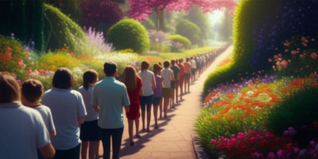 Surreal illustration of a post office queue transforming into a pleasant garden.