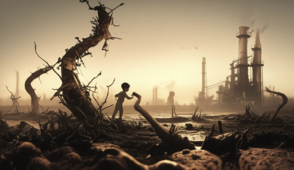 Polluted landscape in Ahvaz, Iran, with dark soil and metallic elements rising from the ground.