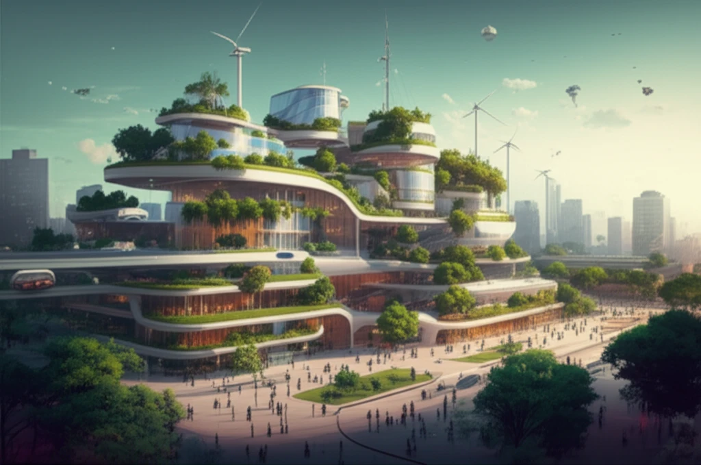 Futuristic city hall powered by renewable energy, symbolizing sustainability and public service innovation.