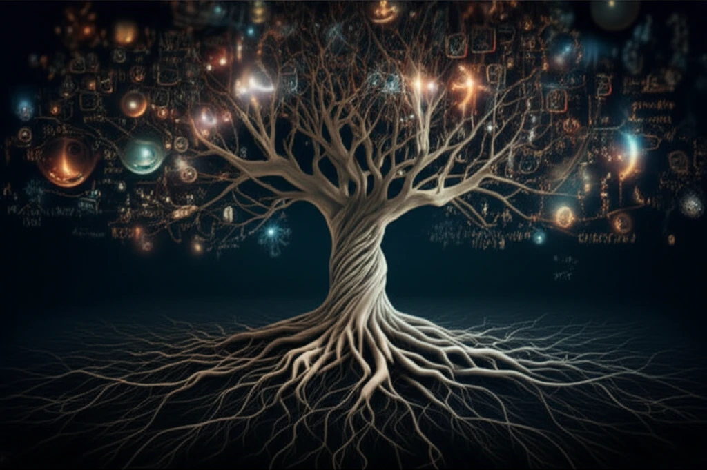 A tree with roots and interconnected scientific symbols