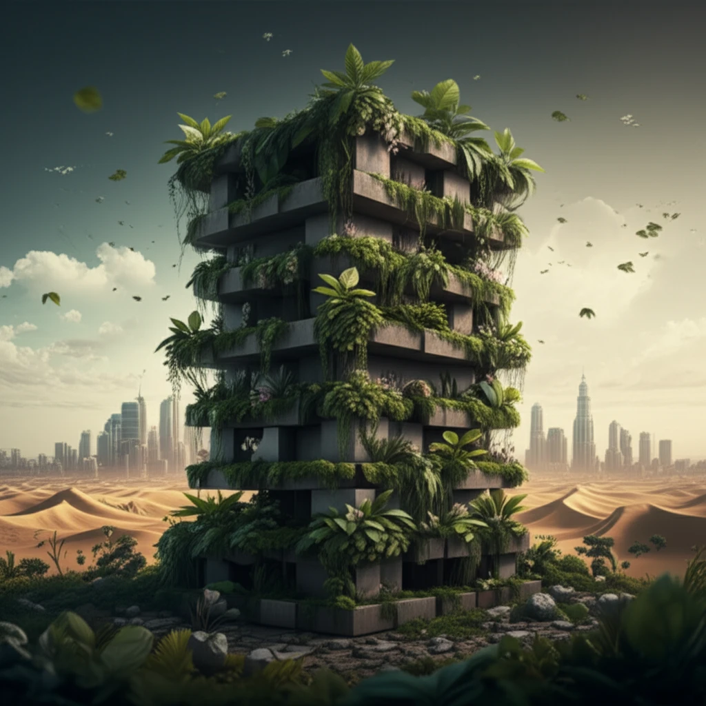 Sustainable building blocks transforming into green foliage.