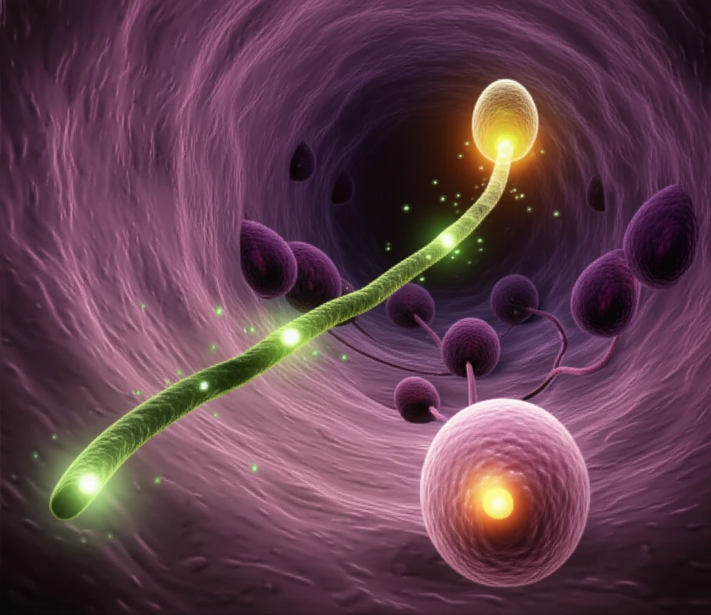 Microscopic view of pollen tube guidance in a flower, showcasing molecular signals.