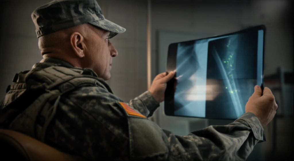 X-ray of a bone with embedded uranium particles, symbolizing veteran's health concerns.