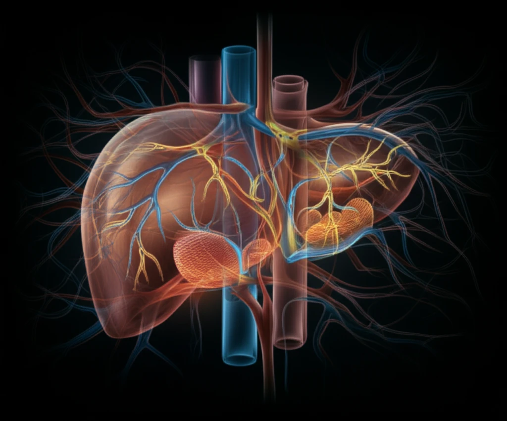 Surreal illustration of bile ducts with glowing pathways, representing surgical interventions for bile duct cancer.