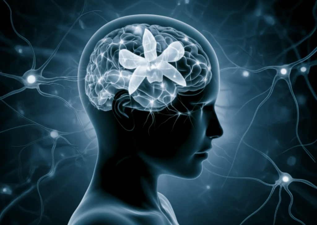 Illustration of a brain being cleared of tangled proteins by glowing pathways representing autophagy, inspired by Dendrobium nobile Lindl. alkaloids.