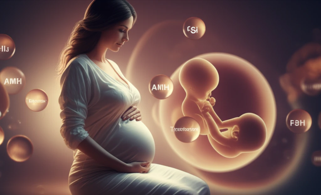 Surreal illustration of a pregnant woman surrounded by hormones, symbolizing the impact of PCOS on pregnancy.