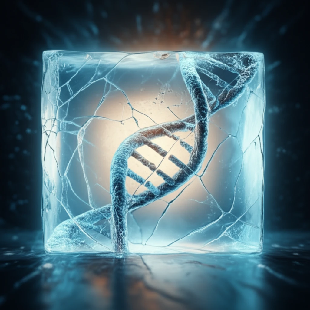 Damaged DNA encased in ice, symbolizing compromised integrity due to freezing.