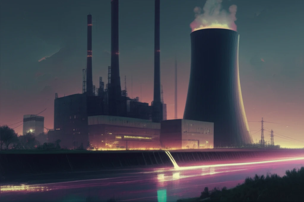 Surreal illustration of a power plant and a fish ladder.