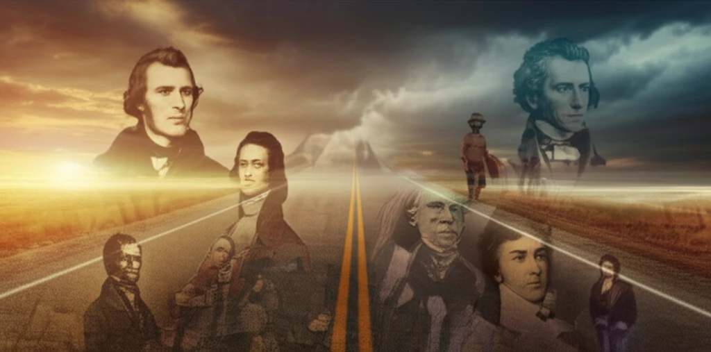 Surreal illustration of the American road, blending historical figures and symbolic landscapes.