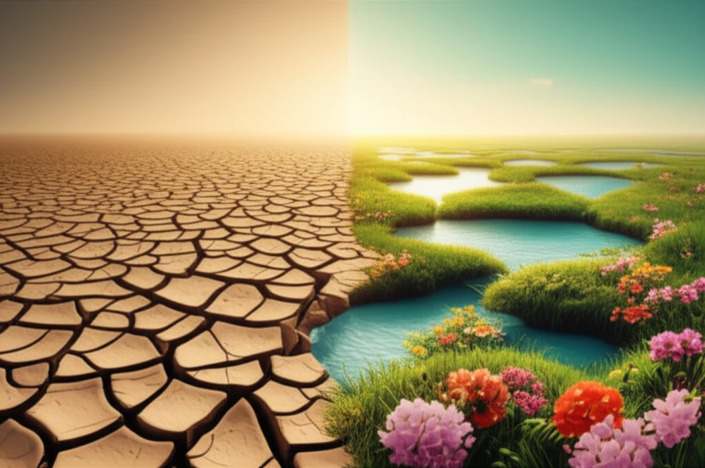 Transformation from dry, cracked landscape to lush oasis, symbolizing dry eye relief.