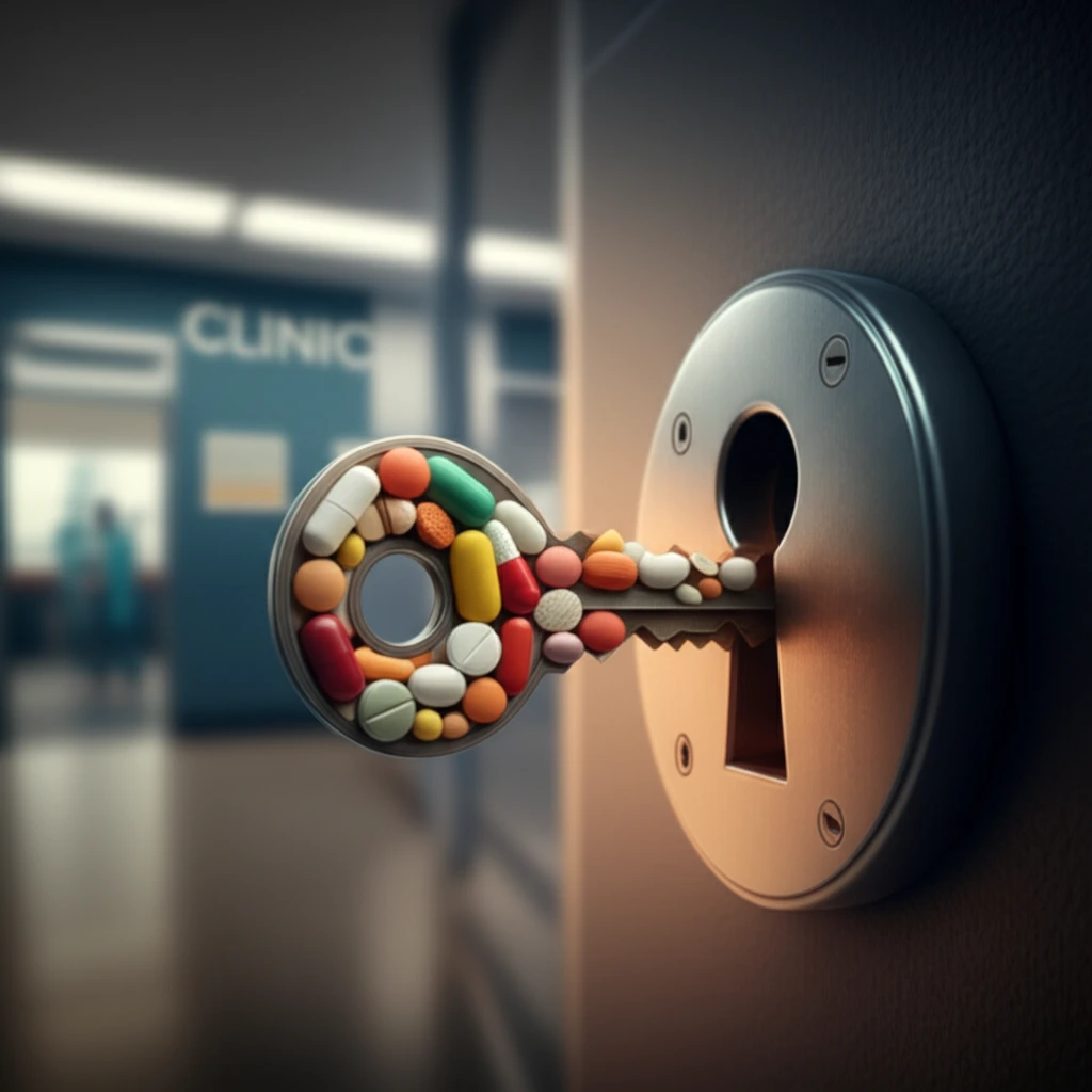 Surreal illustration of a key made of opioid pills unlocking a clinic door, symbolizing improved opioid management.