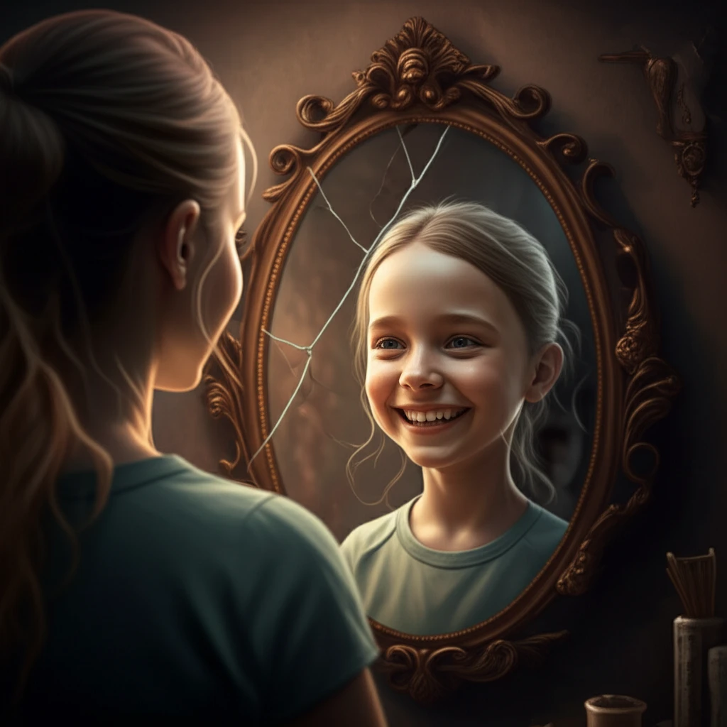 Parent's reflection shows a child with healthy teeth, while the actual child's oral health is less ideal, highlighting the impact of perception.