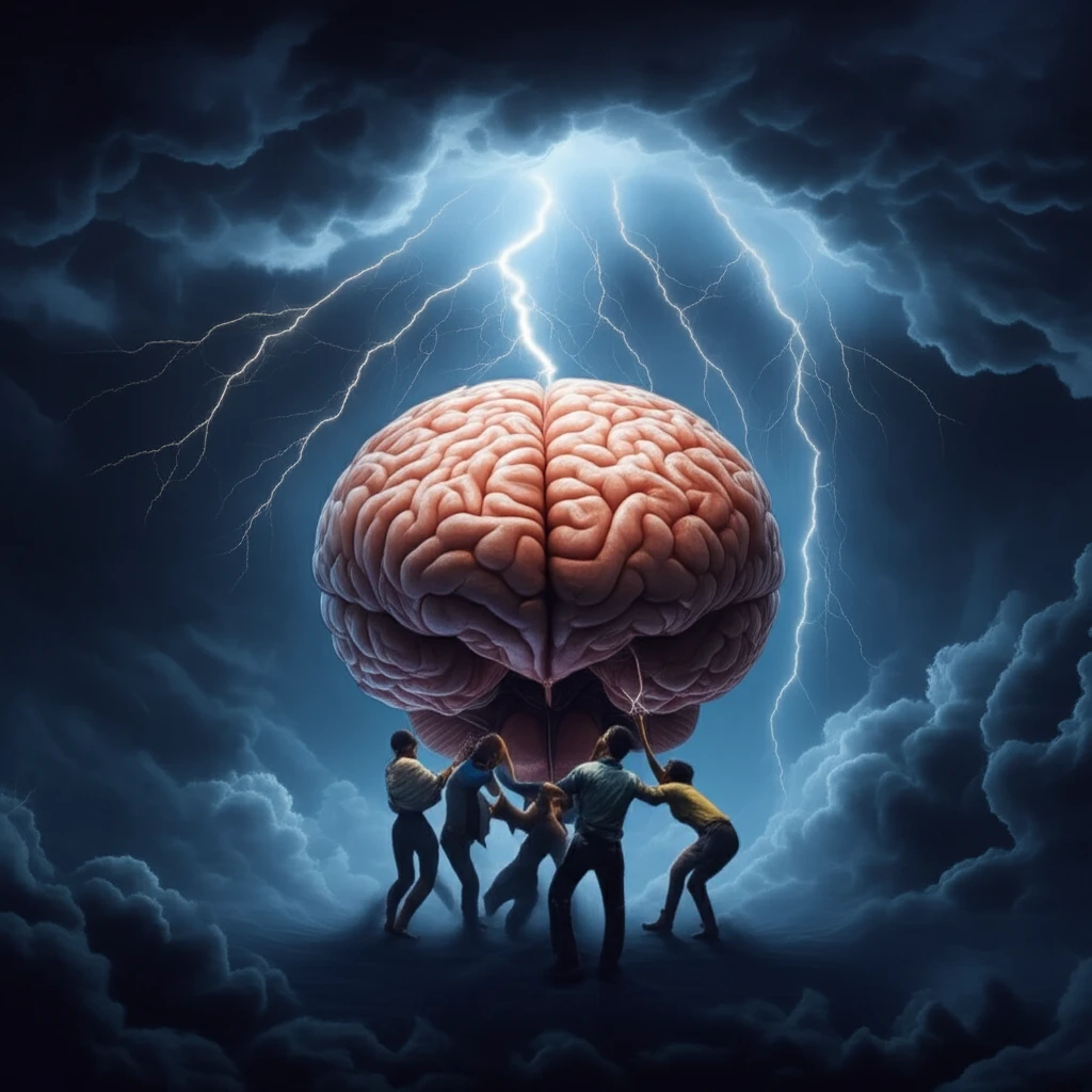 Brain with storm clouds representing mental health challenges in neurological disorders.