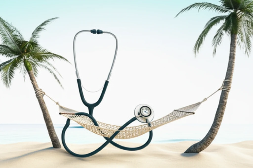 Stethoscope transforming into a retirement hammock representing part-time nursing career.