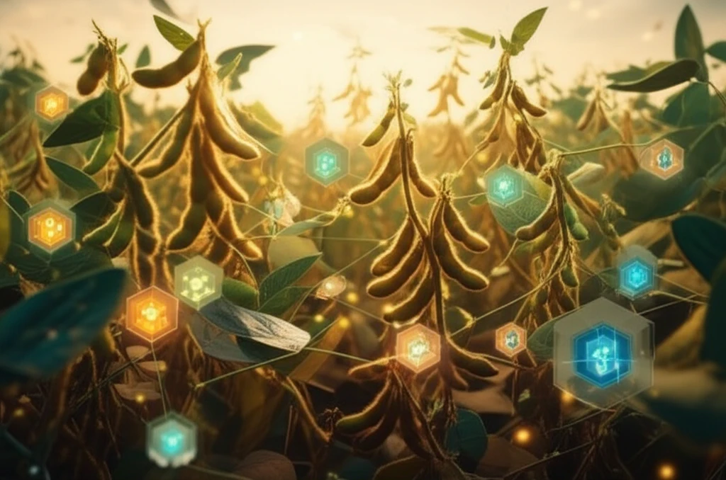 Soybean field with glowing genetic markers representing disease resistance.