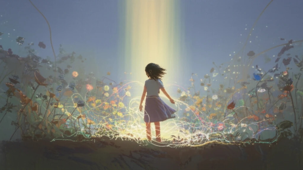 Illustration of a girl surrounded by glowing threads of health after a medical treatment.