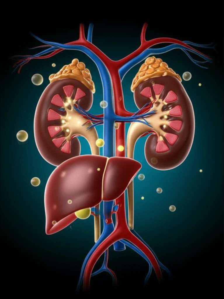Interconnected kidney, liver, and blood vessels, representing bilirubin and albumin.