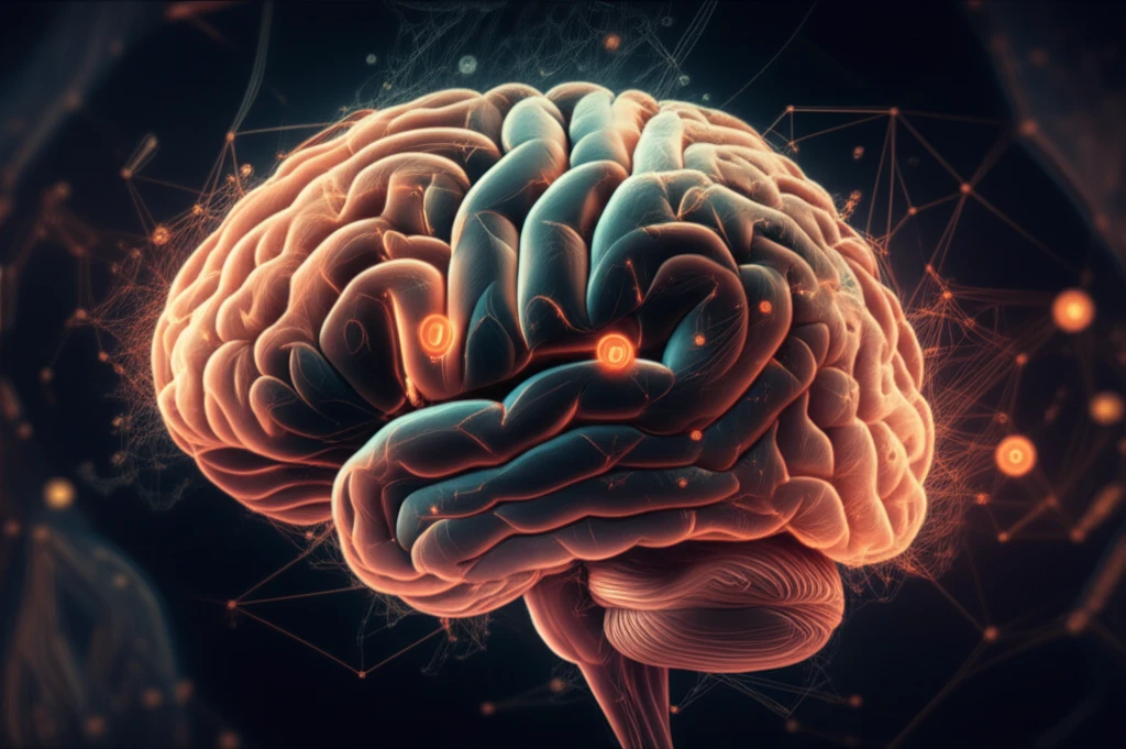 Surreal illustration of a brain with interconnected pathways and glowing mitochondria representing brain energy pathways.