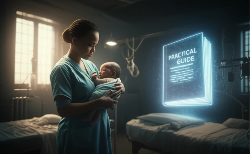 Midwife holding baby, guide floating nearby