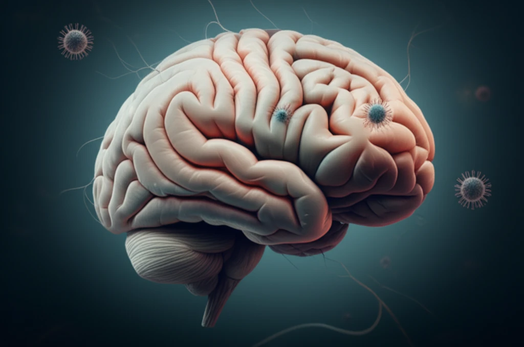 Brain intertwined with herpesvirus vine, symbolizing connection to neurological impact.