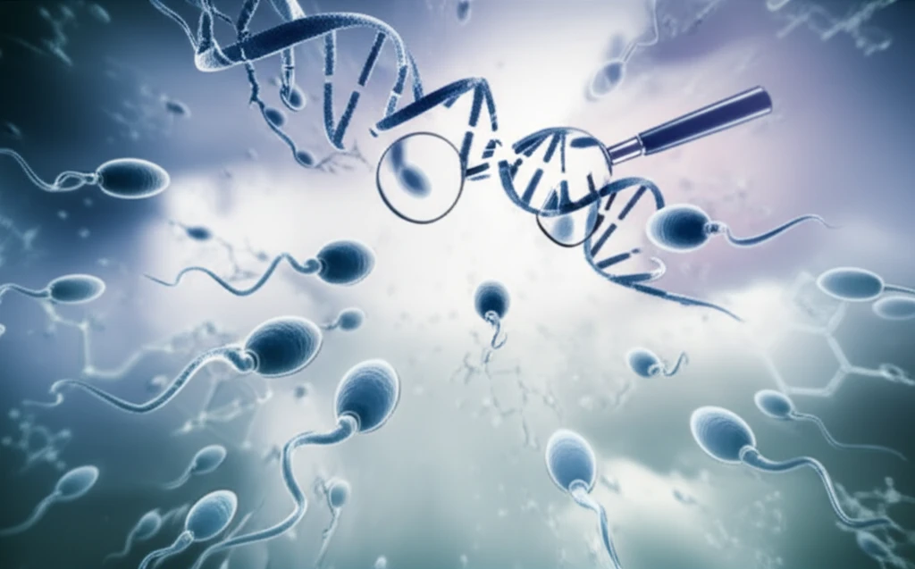 Sperm cells swimming in chemical fluid with fragmented DNA double helix.