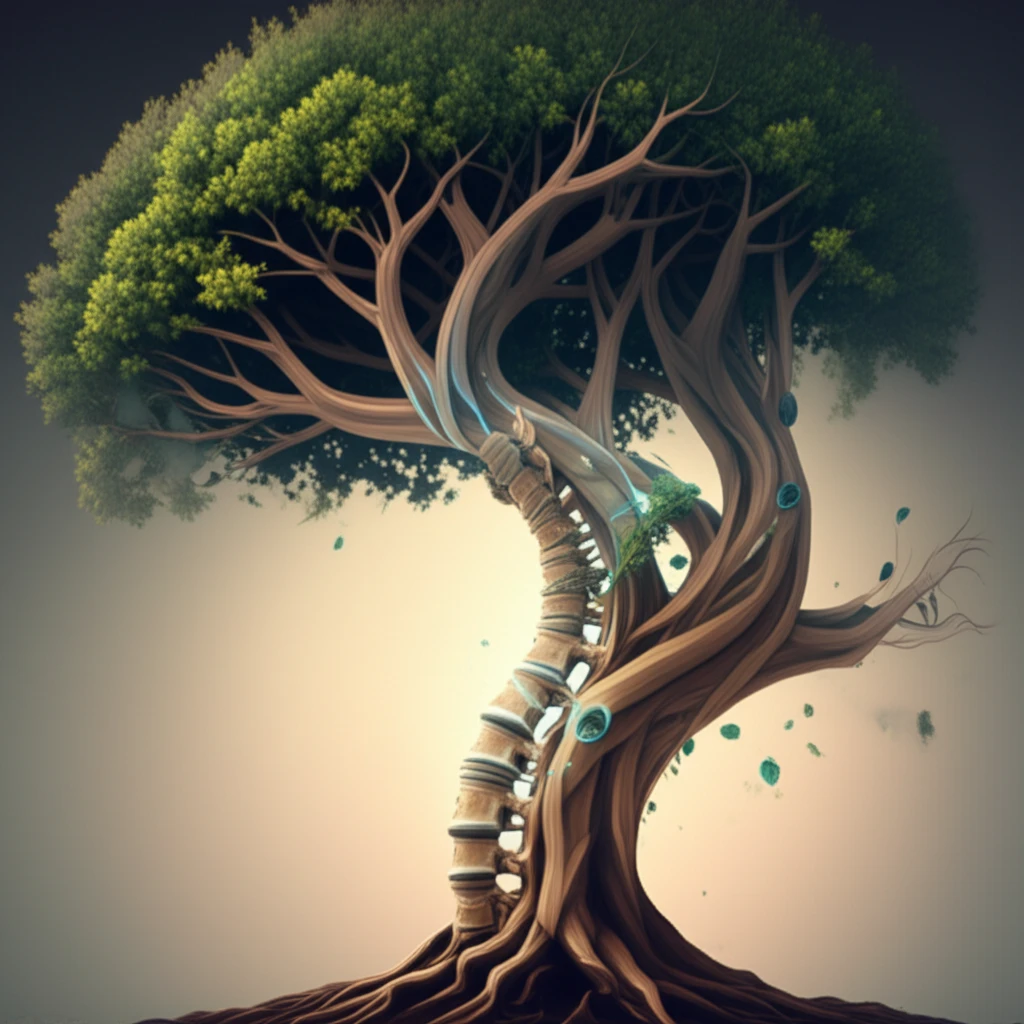 Spine transforming into a tree, symbolizing resilience in ankylosing spondylitis