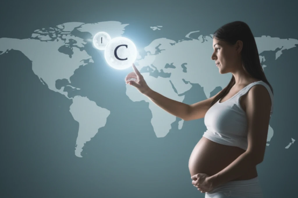 Pregnant woman reaching for a calcium molecule, symbolizing global health inequities.