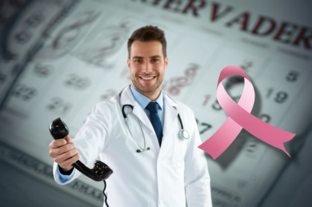 A doctor offering a telephone for cancer screening reminders.