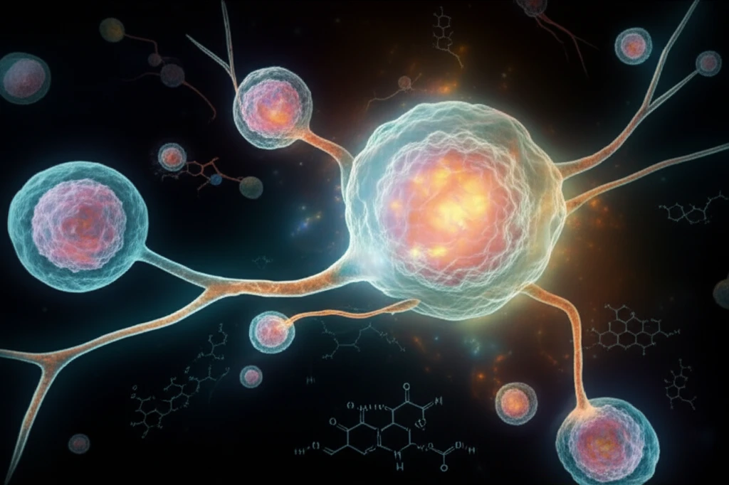 Stylized immune system with glowing T-cells and B-cells intertwined, representing the effect of BCR signaling inhibitors.