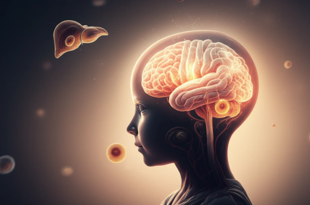 Illustration of a child silhouette facing a glowing brain tumor intertwined with fatty liver cells, representing the connection between craniopharyngioma and NAFLD.
