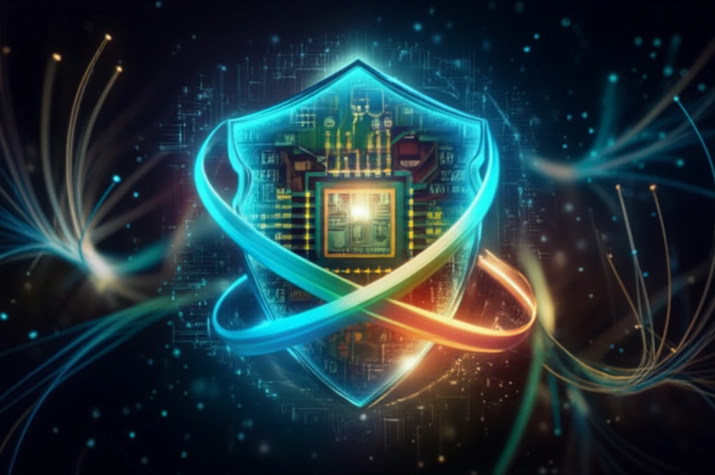 Protective light shield around a glowing quantum circuit board.