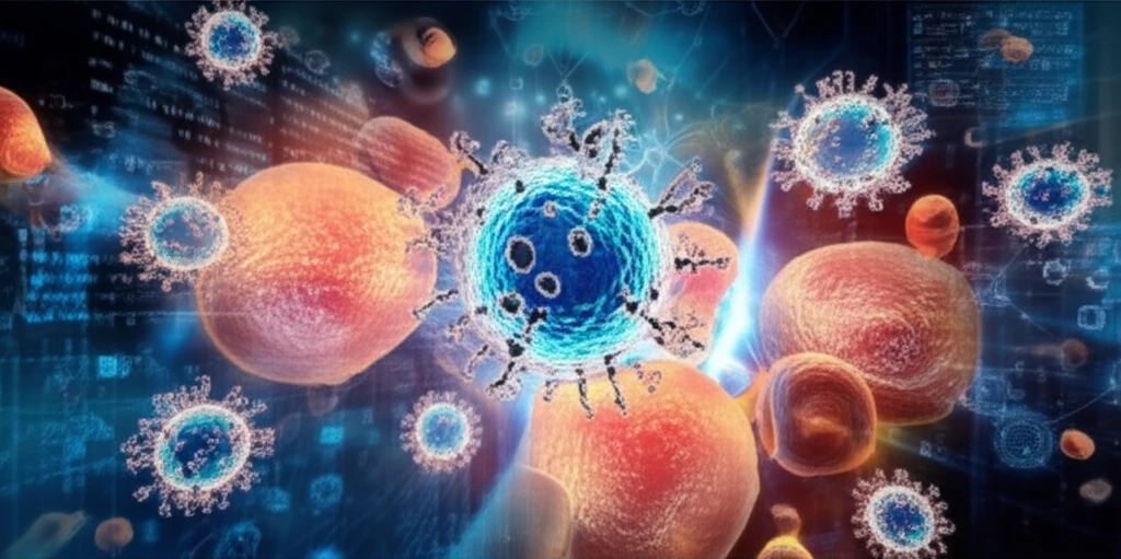 Microscopic view of immune cells interacting with HIV virions and stem cells, representing HIV reservoir depletion and immune reconstitution after stem cell transplant.
