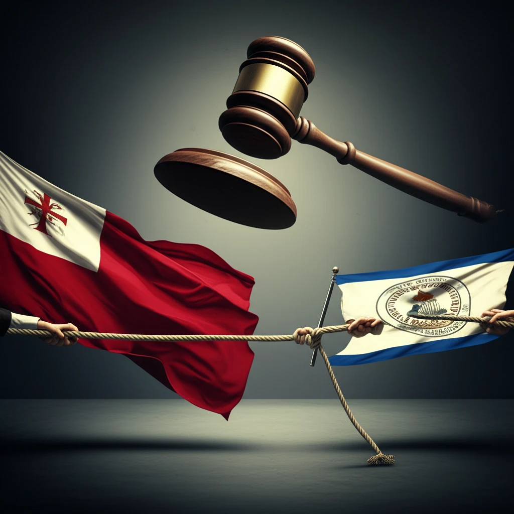 Tug-of-war between state and city flags symbolizing legal preemption.