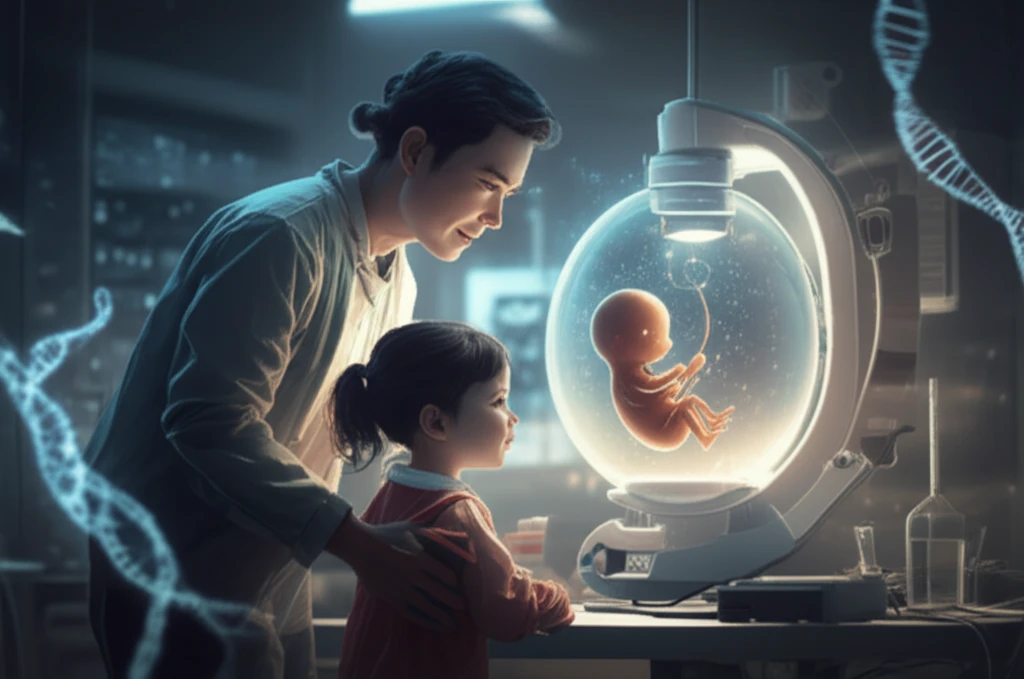 Father and child gazing at embryo, symbolizing IVF hopes.