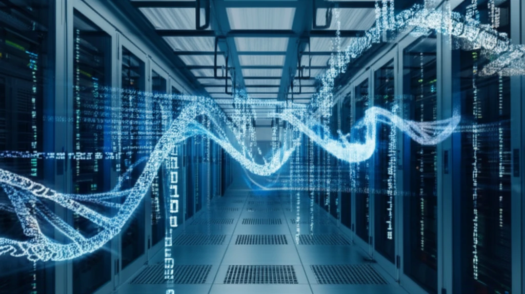 DNA strands intertwining with binary code in a futuristic data center, symbolizing the fusion of biology and information technology.