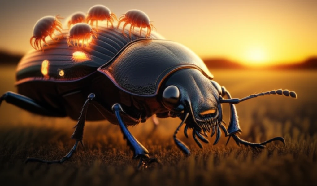 Microscopic mites on a carabid beetle in an agricultural field.