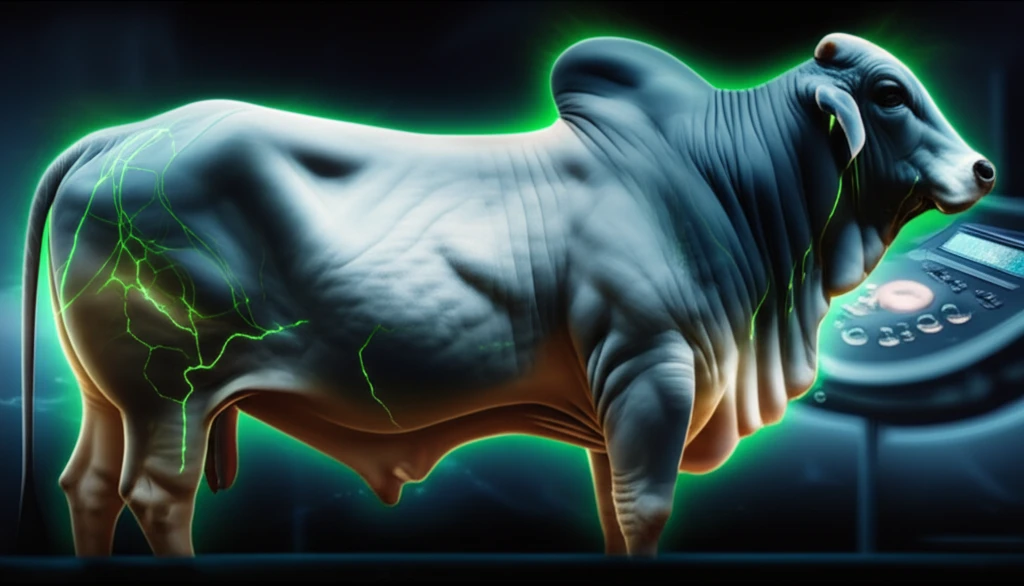 Nelore cattle under ultrasound with highlighted muscle growth and fat thickness.