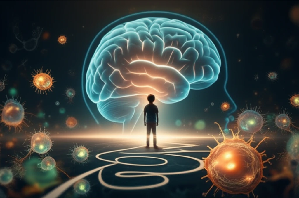 A child surrounded by glowing immune cells, with a faint outline of a brain