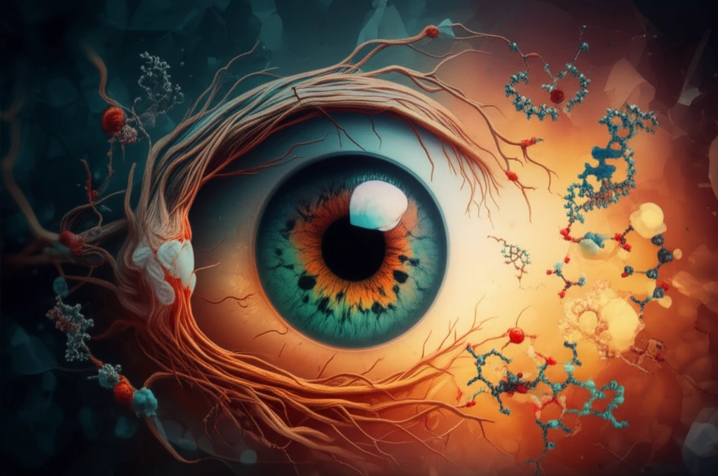 Surreal eye intertwined with molecular structures of L-ornithine.