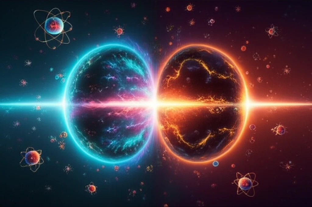 A vibrant illustration of colliding atomic nuclei creating quark-gluon plasma.
