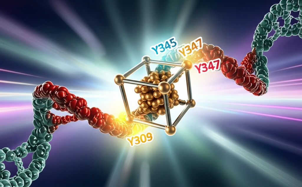 DNA strand intertwined with an iron-sulfur cluster.