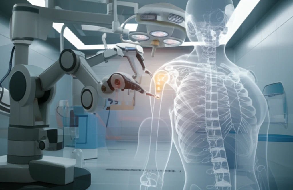Futuristic operating room with robotic arm performing precise shoulder implant surgery.