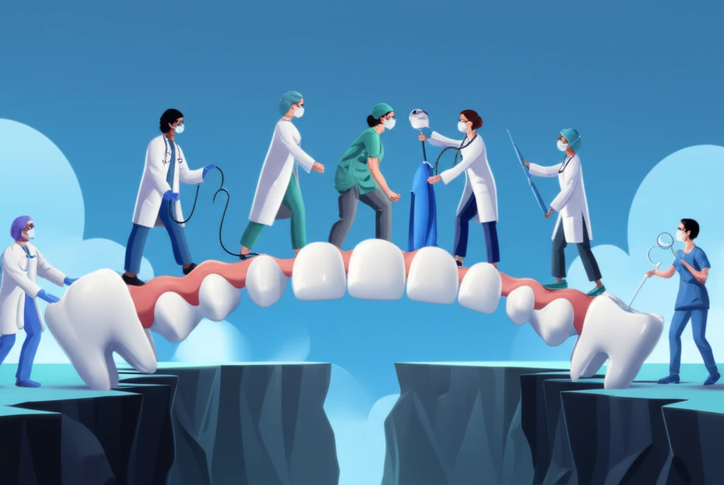 Healthcare professionals collaboratively building a bridge of teeth to represent integrated oral health.