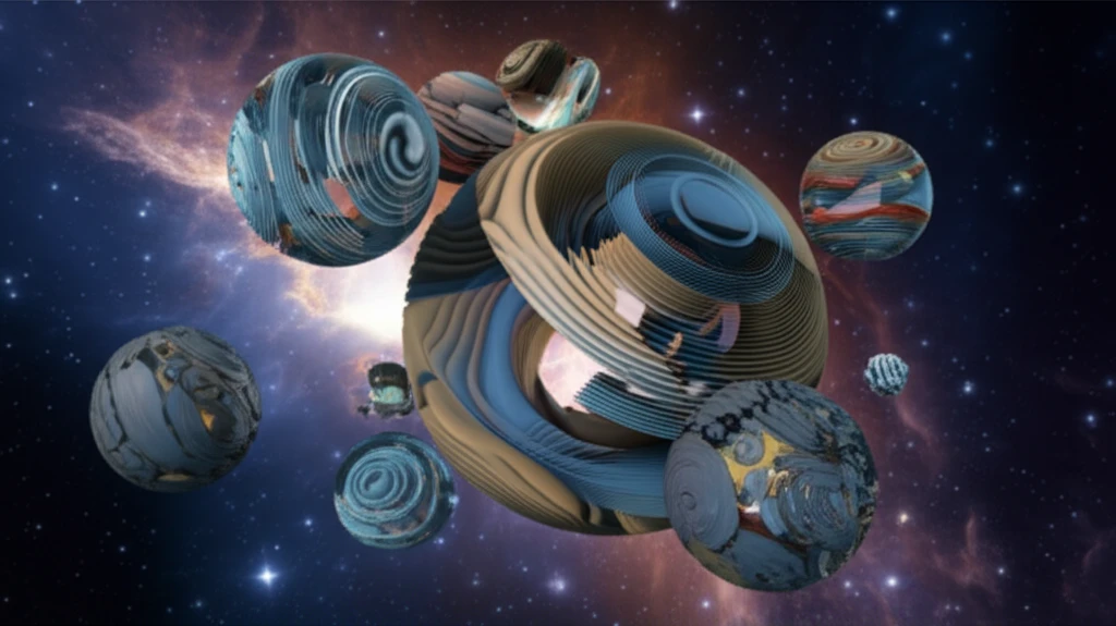 Custom carved ellipsoids model with cosmic backdrop.