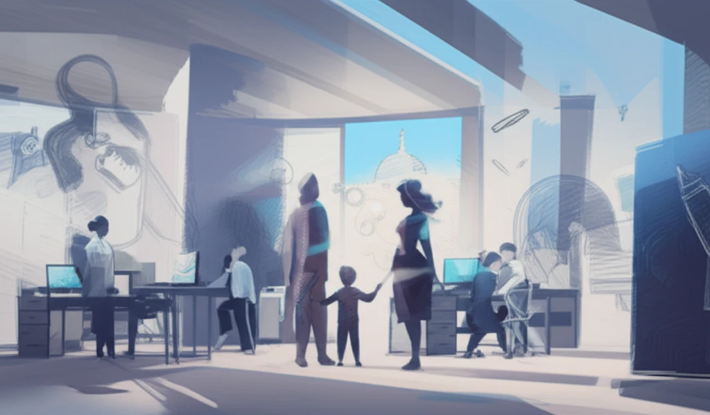 Surreal illustration of gender roles in the workplace impacting family life.