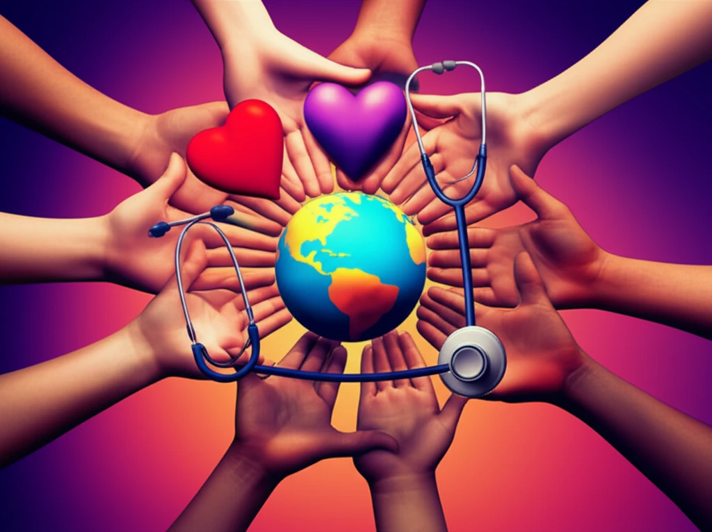 Diverse hands holding global health symbols.