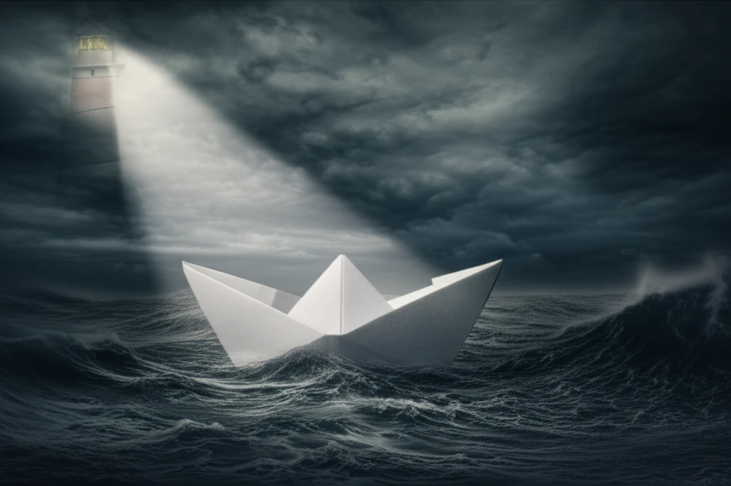 Paper boat on stormy sea guided by lighthouse
