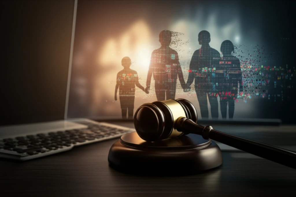 Digital illustration symbolizing the intersection of family privacy, copyright law, and digital technology.