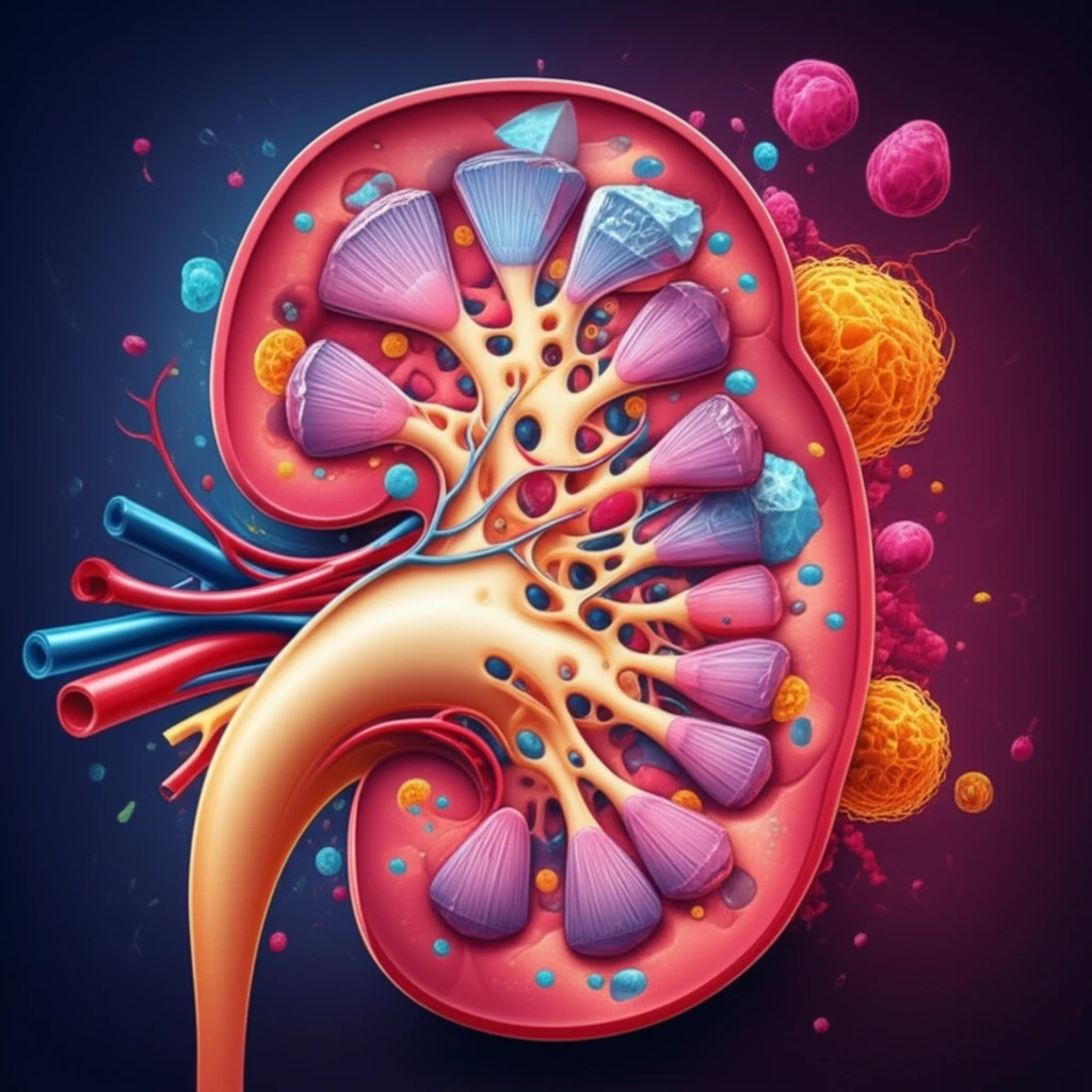 Surreal illustration of kidney stone formation with rapidly multiplying cells.