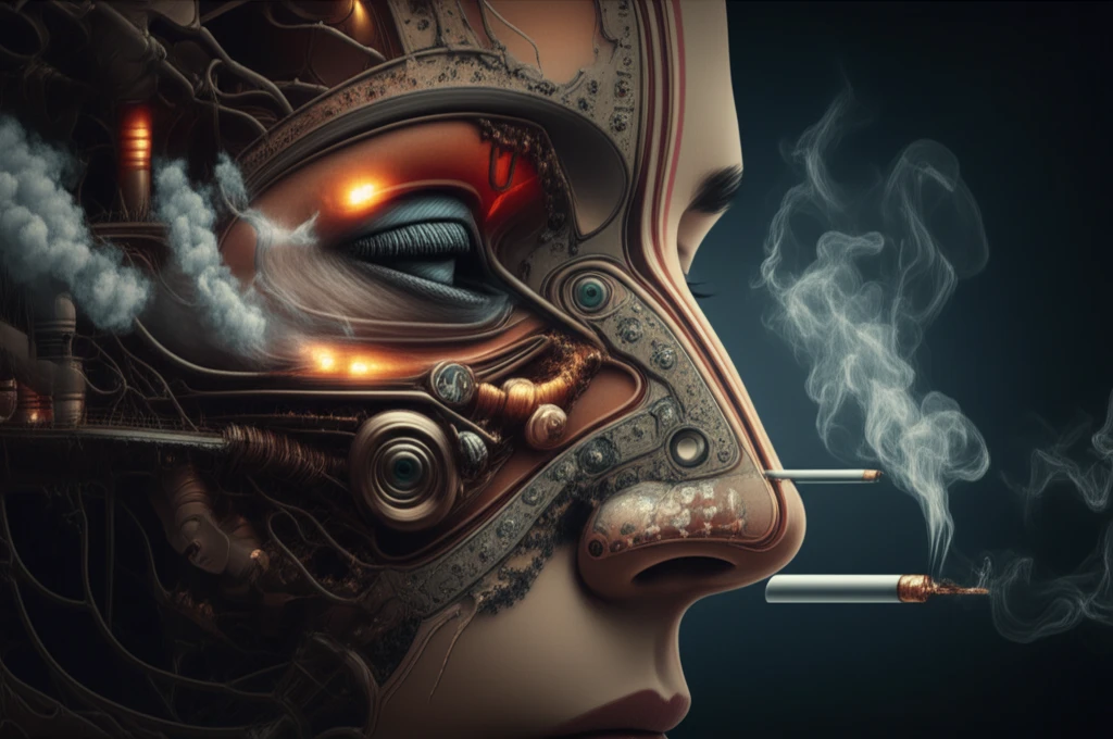 Surreal illustration of nasal cancer risks influenced by occupation and smoking.